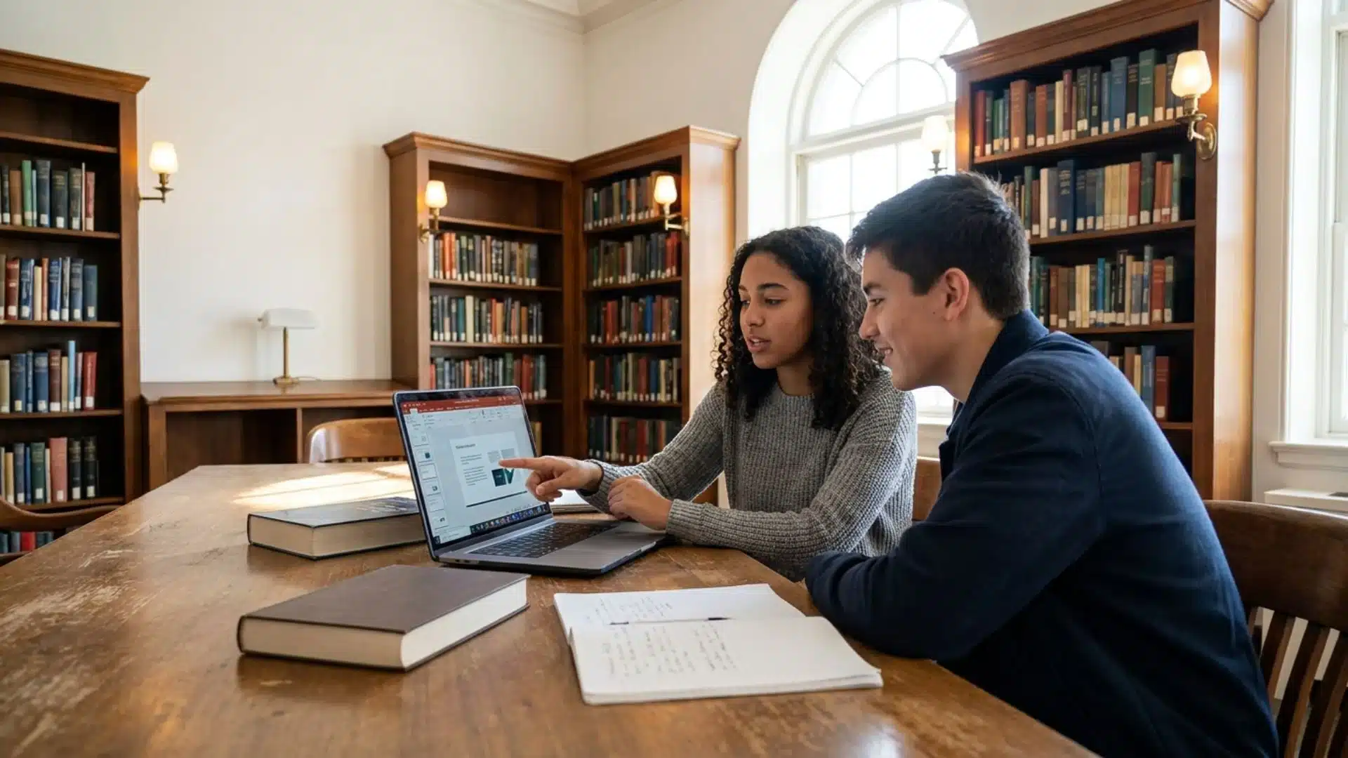 two college students collaborating at a wooden table inside a library while pointing at a presentation on a laptop screen