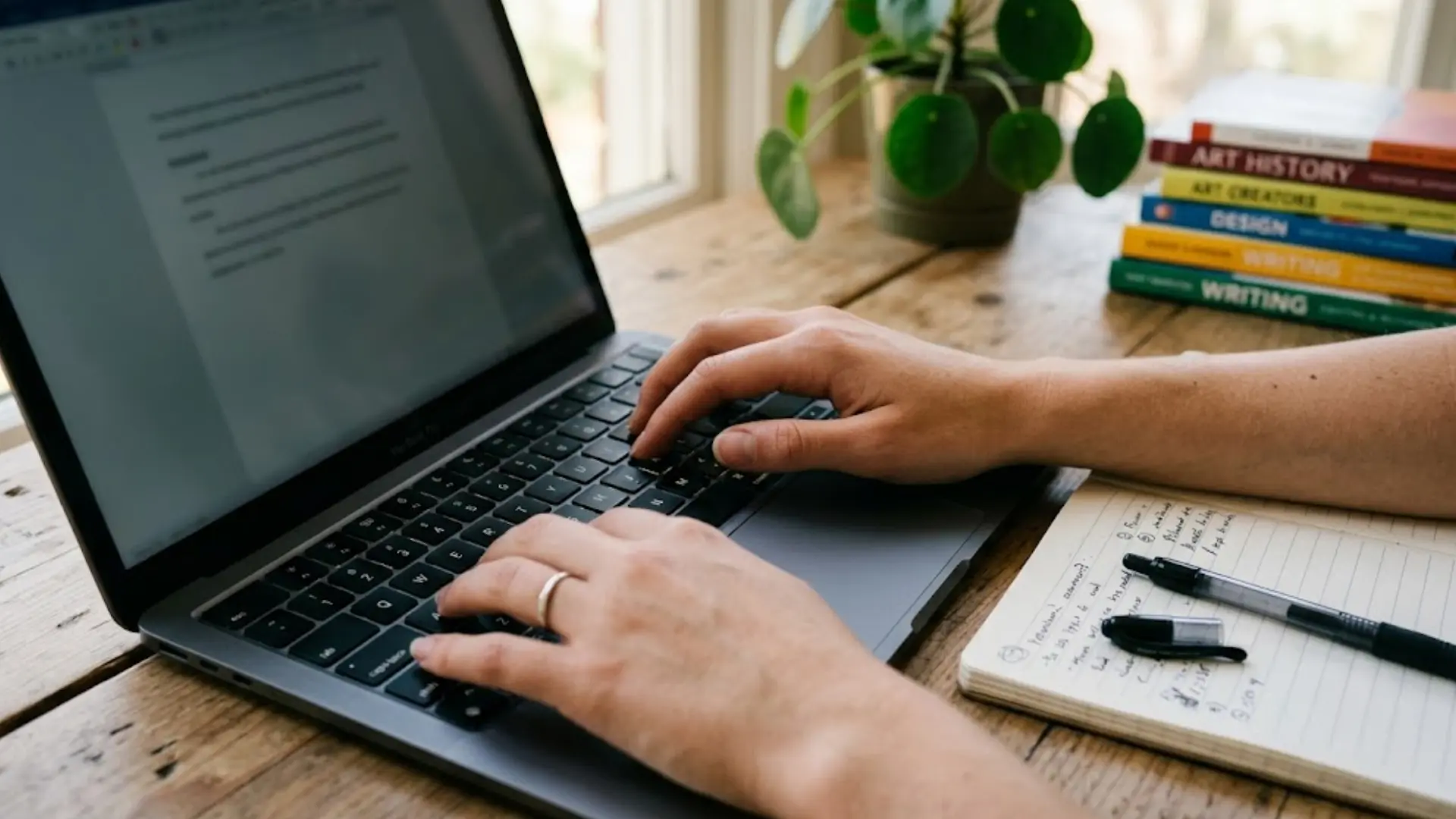 close up of a person hands typing on laptop keyboard with notebook and pen nearby on desk