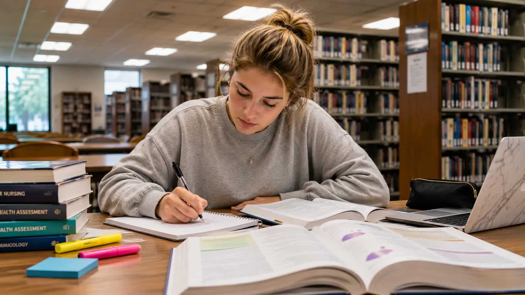 nursing student writing notes at a library table surrounded by textbooks and highlighters