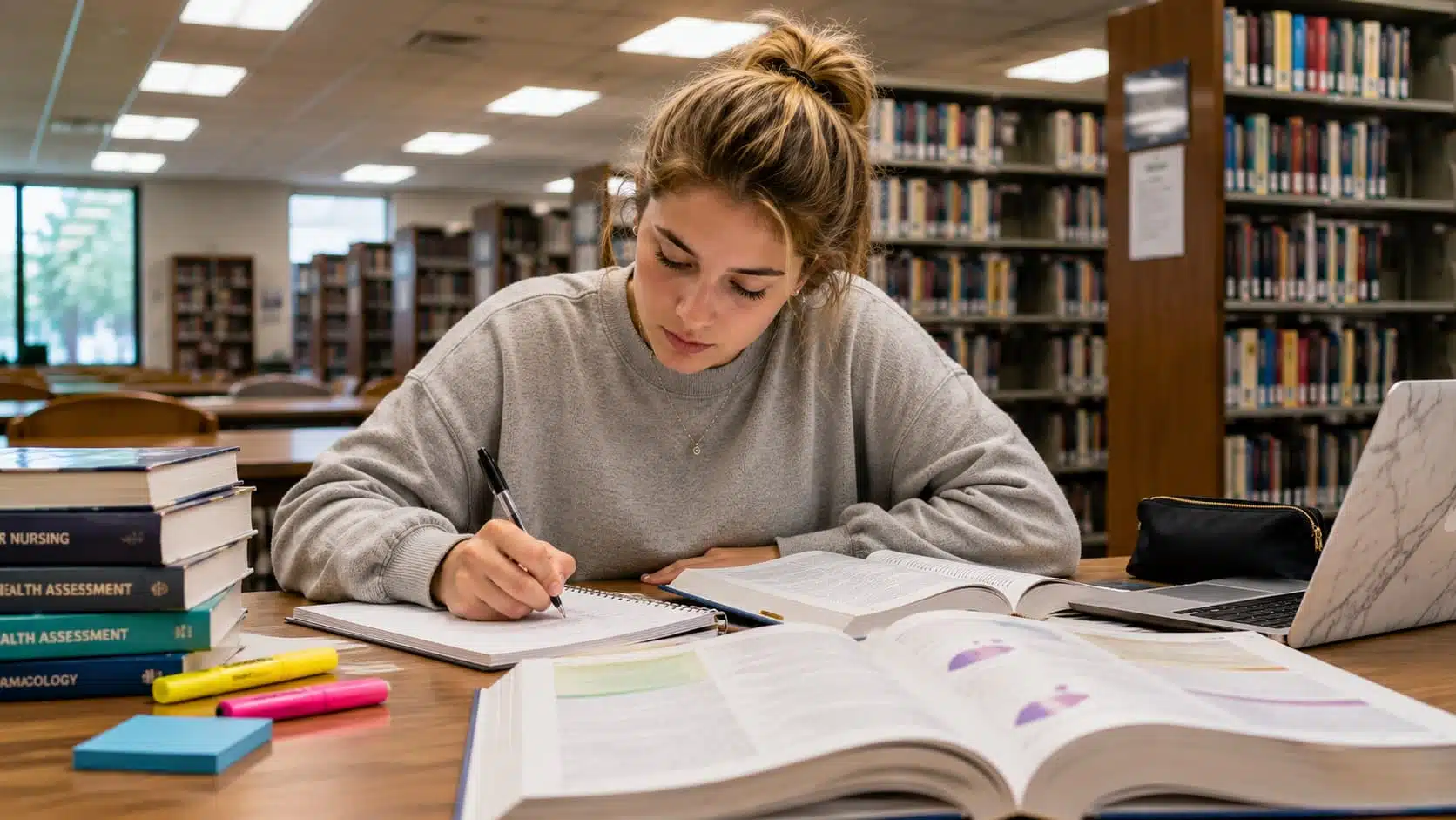 nursing student writing notes at a library table surrounded by textbooks and highlighters