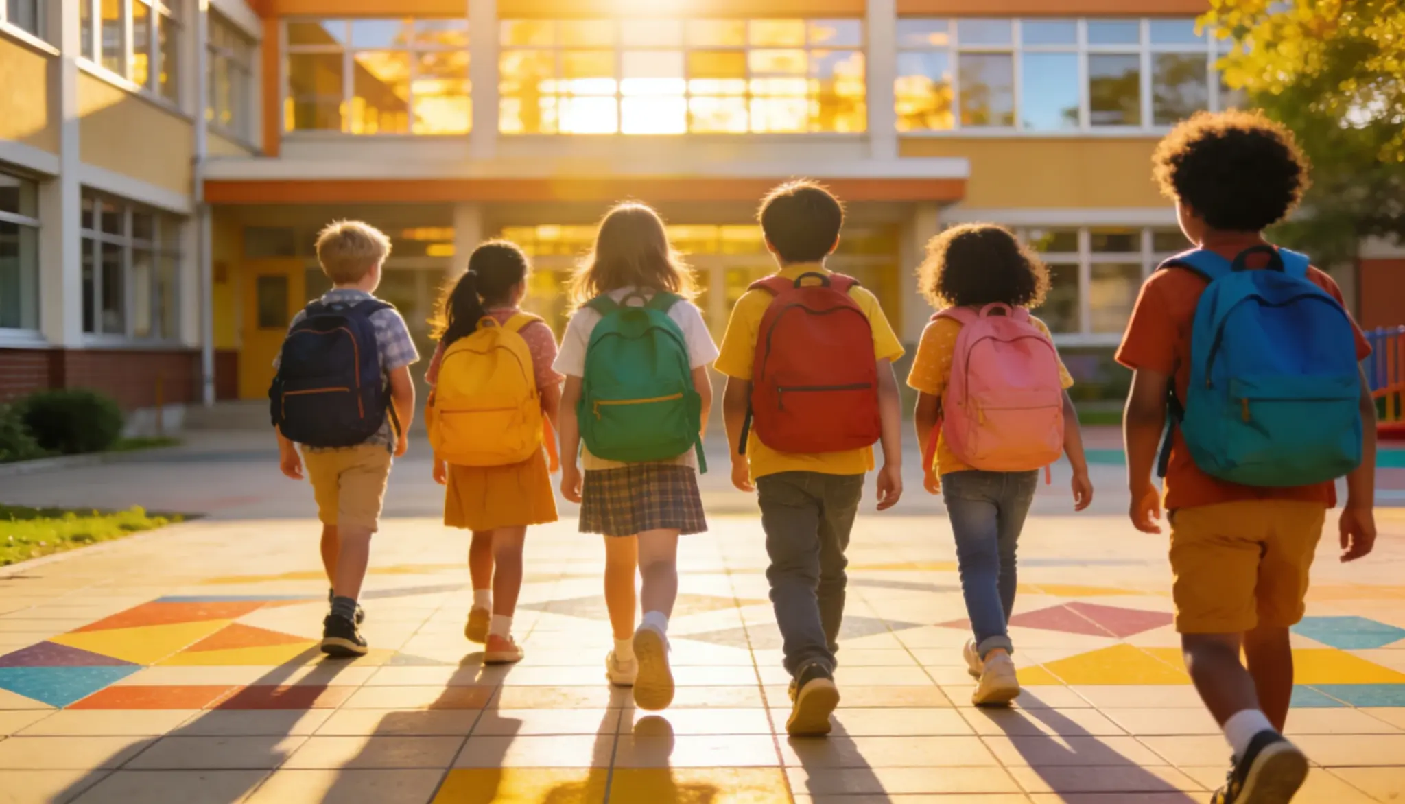 diverse group of elementary school children wearing backpacks walk towards a school building in bright sunlight