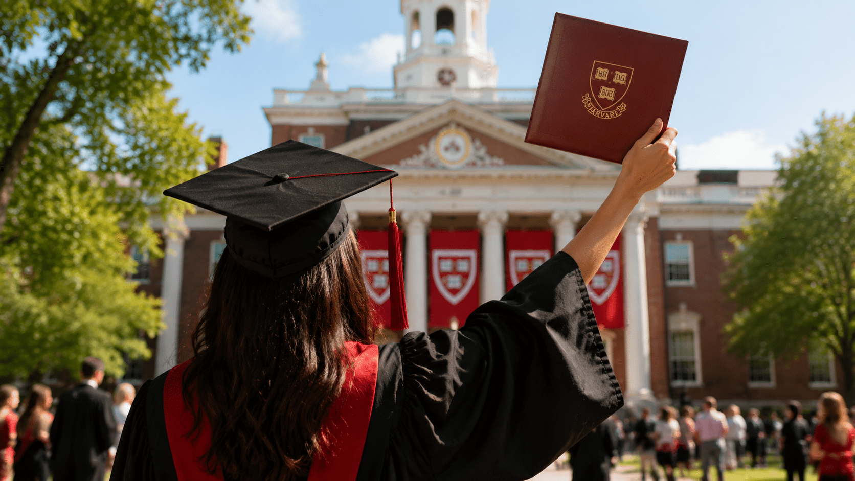 harvard graduate celebrating with cap and diploma in front of university building with campus ceremony background