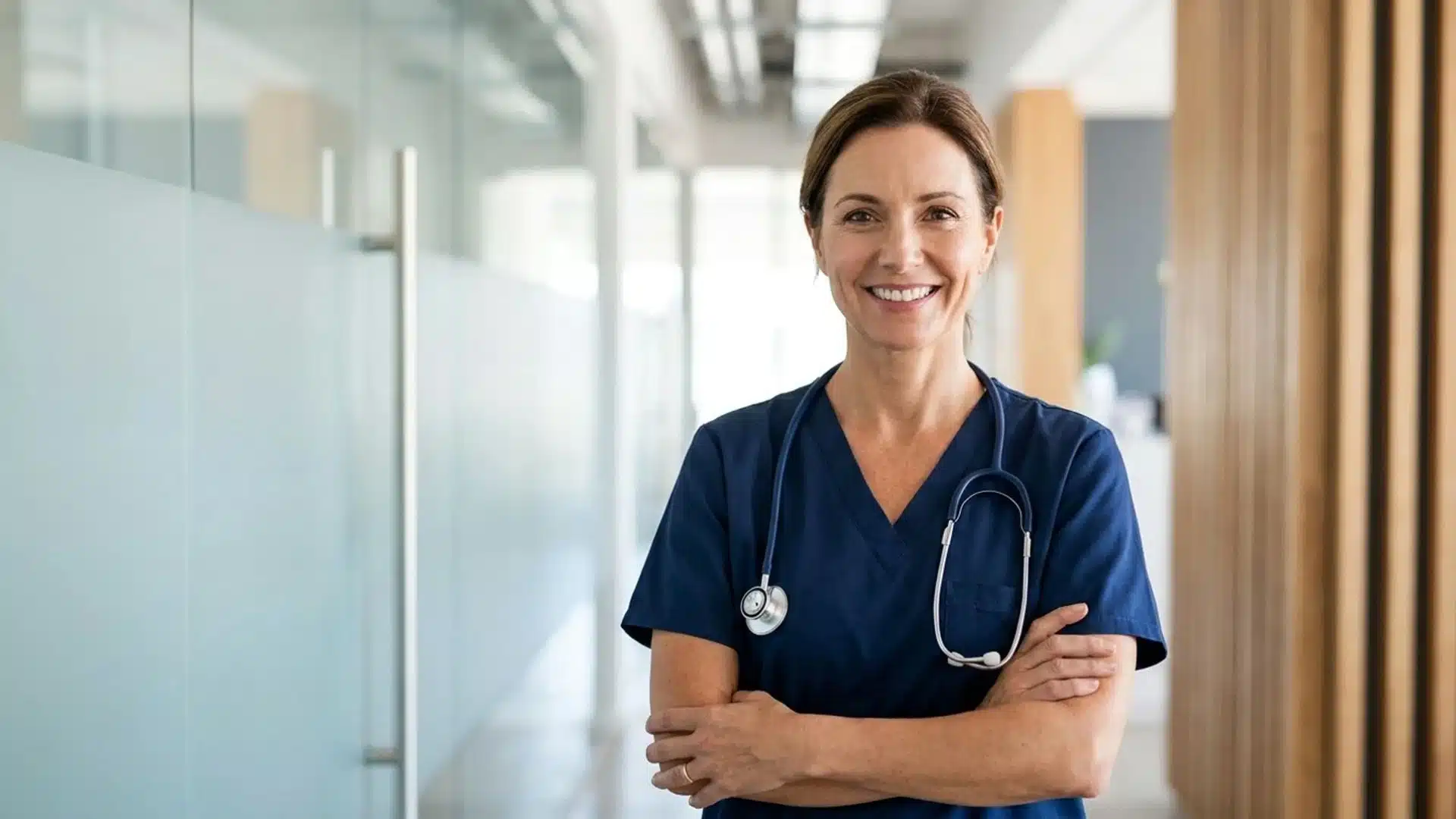 smiling female healthcare professional in navy scrubs with stethoscope standing in a bright hospital corridor