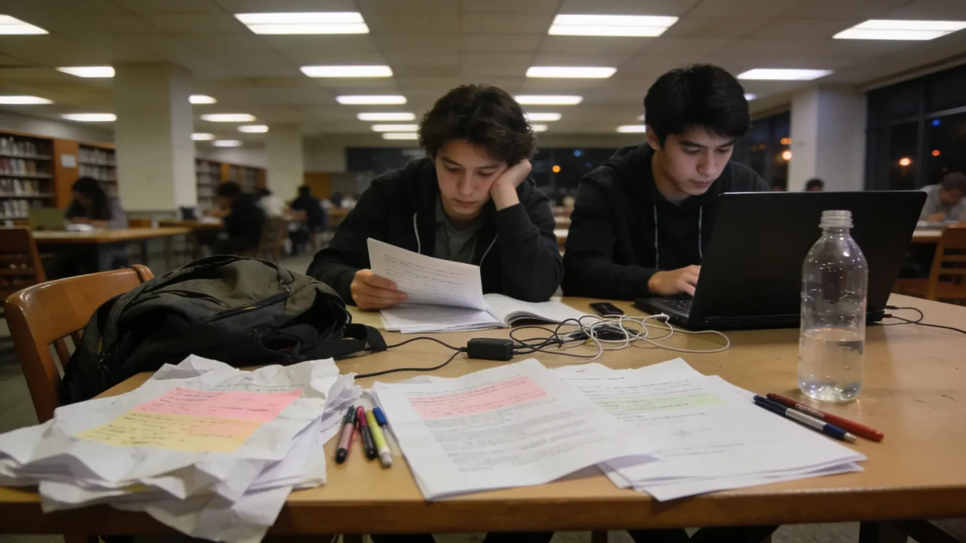 two college students studying in a library with laptops, highlighted notes, loose papers, and study guides on a cluttered table.
