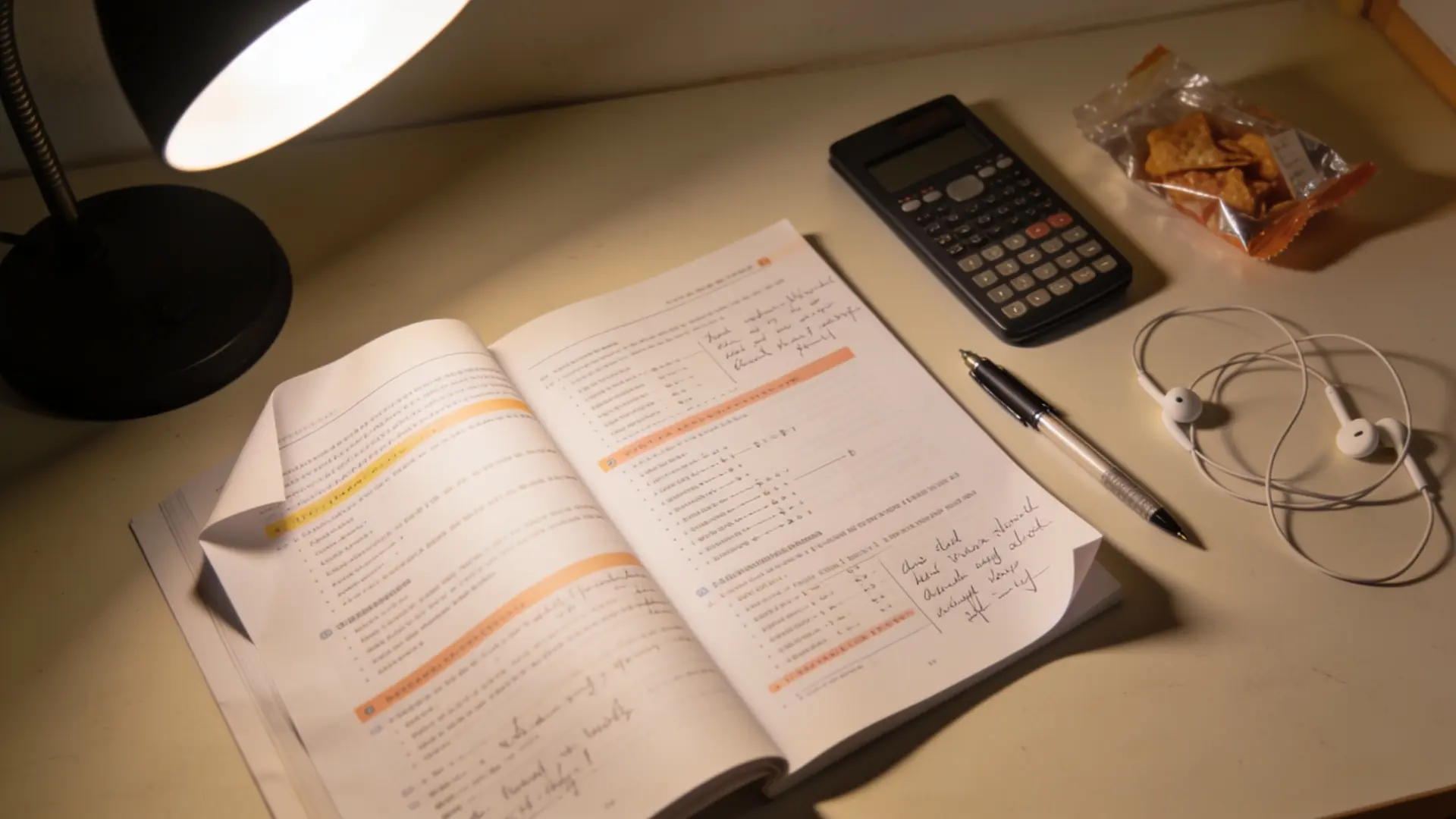 open book with notes, calculator, pen, and earphones on a study desk