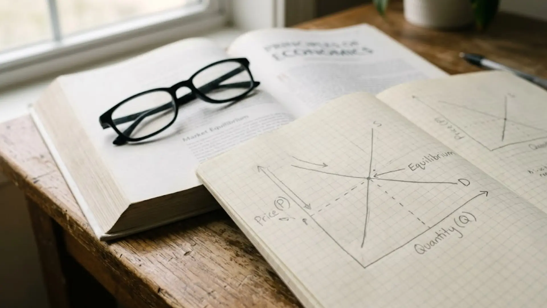 open economics textbook with glasses beside notebook showing price, quantity, and equilibrium graphs