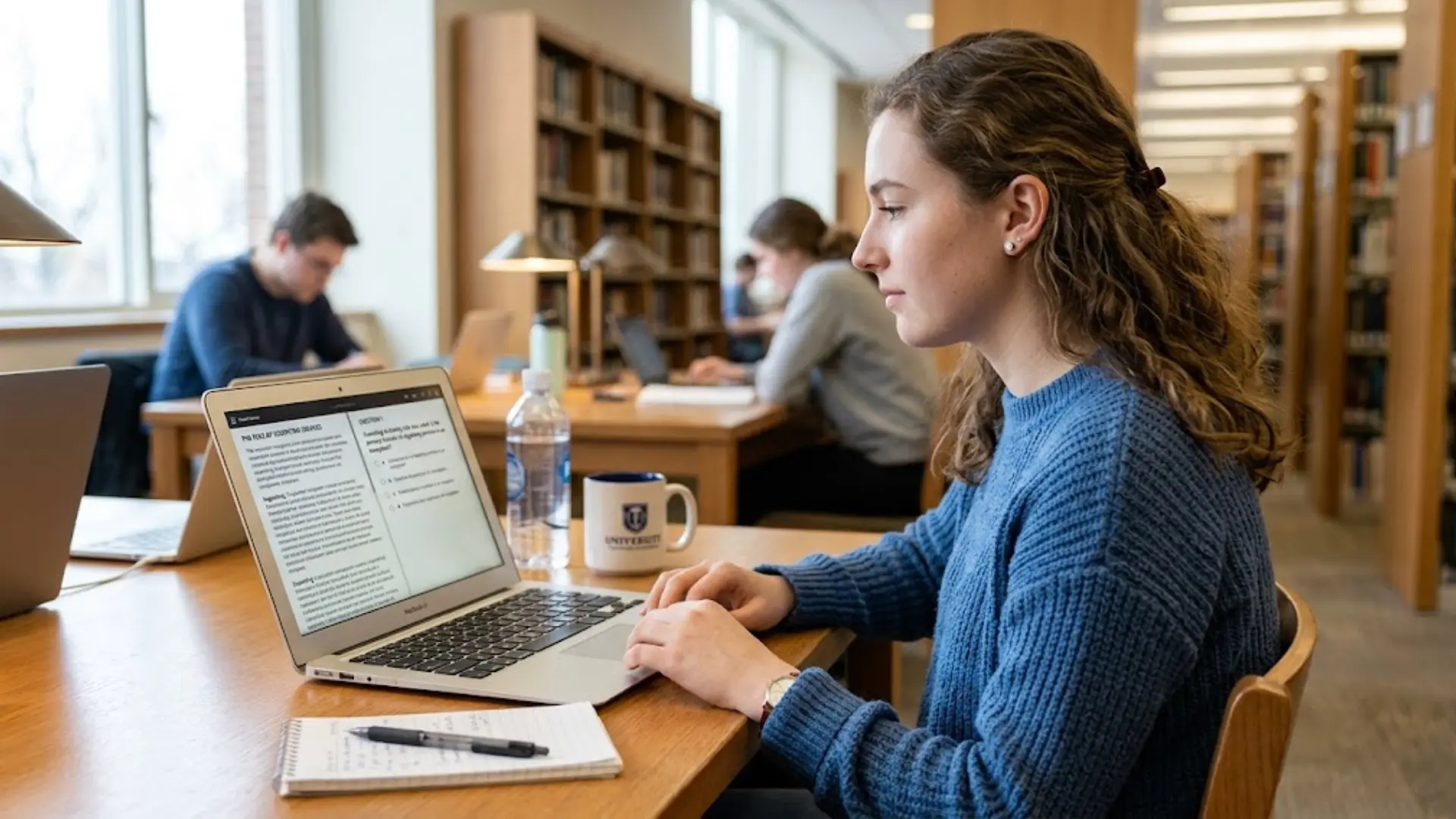 student practicing sat reading and writing questions on a laptop while studying in a quiet library