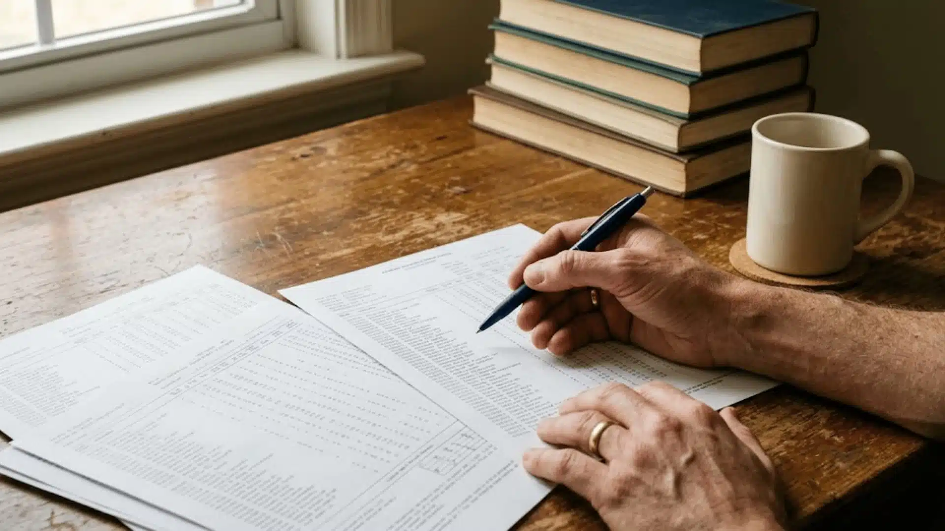 close-up of a hand reviewing printed transcript-style documents on a wooden desk with books and a mug