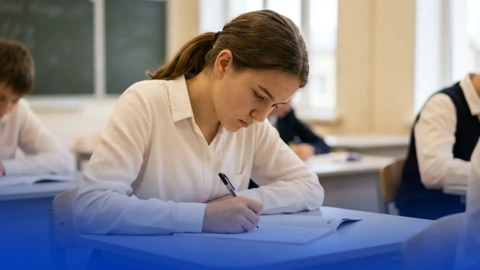 student writing in a notebook at her desk during a classroom exam, chalkboard behind her
