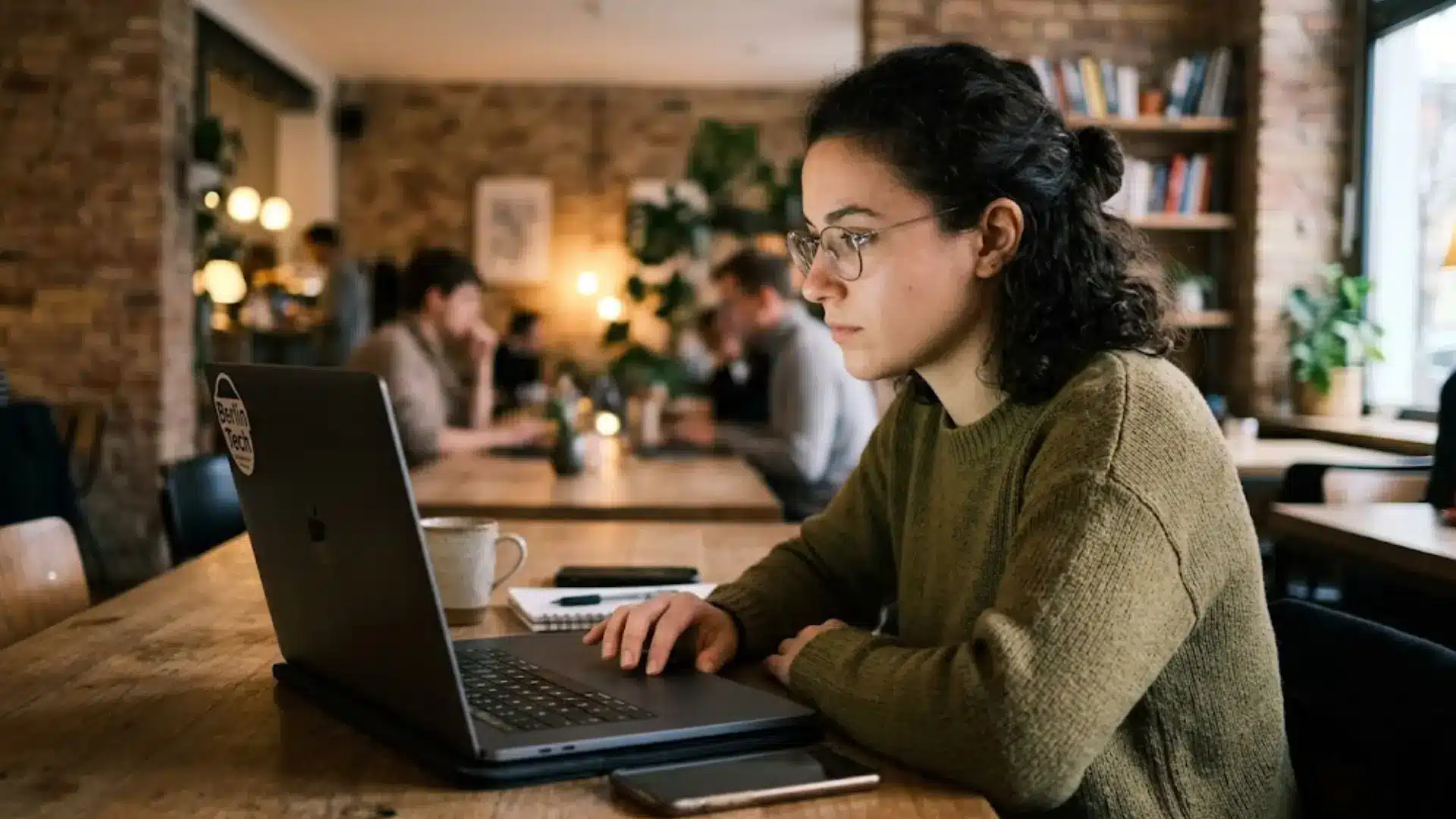student using a laptop to prepare for the test in a quiet cafe workspace with notes nearby