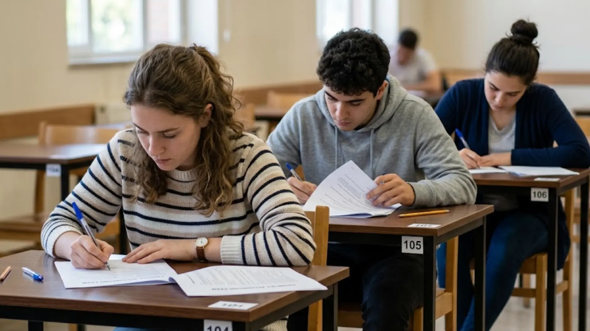 students taking an act exam in a classroom setting while completing their test papers