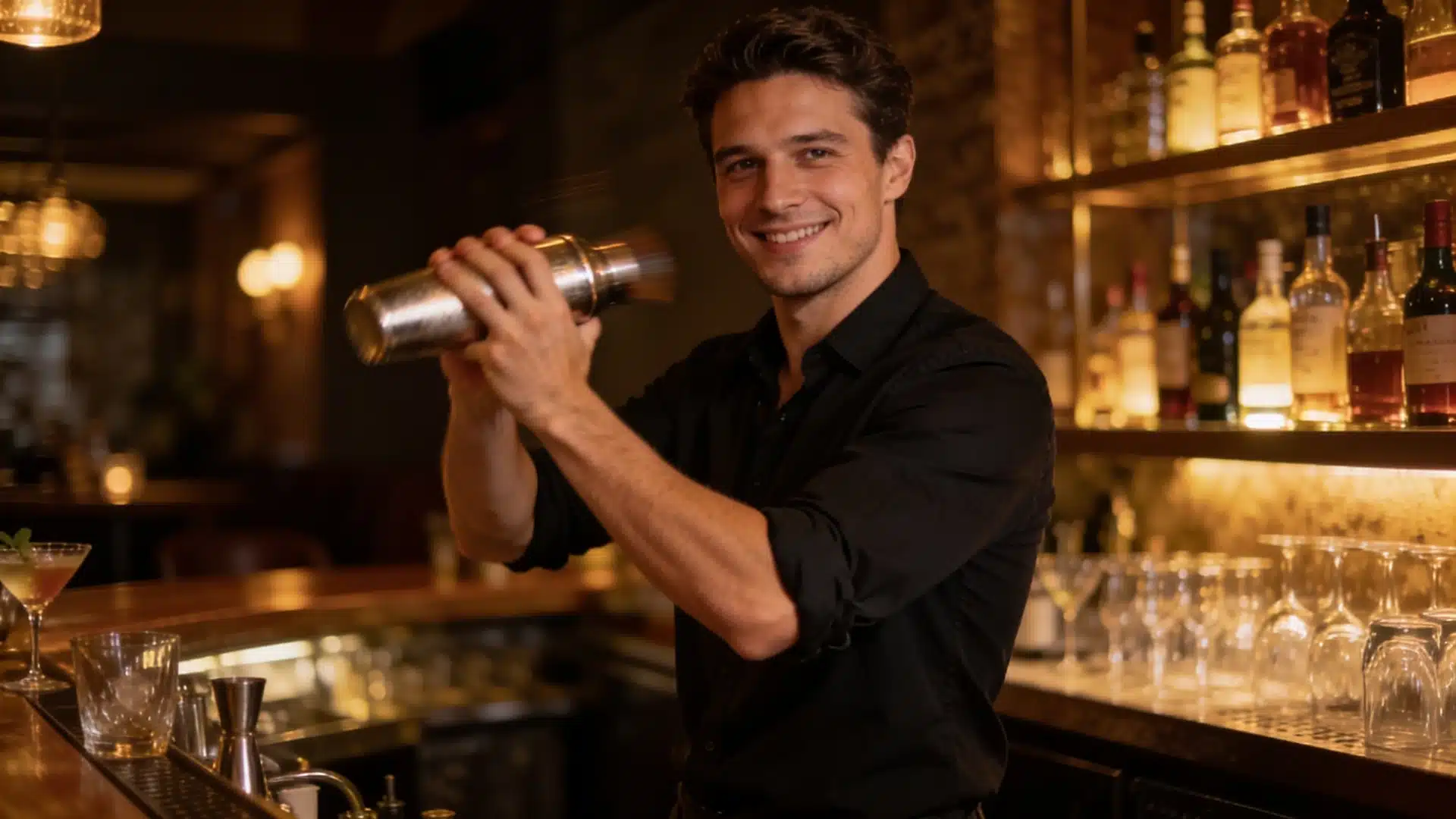 smiling male bartender in black shirt shaking a cocktail shaker behind a warmly lit bar counter