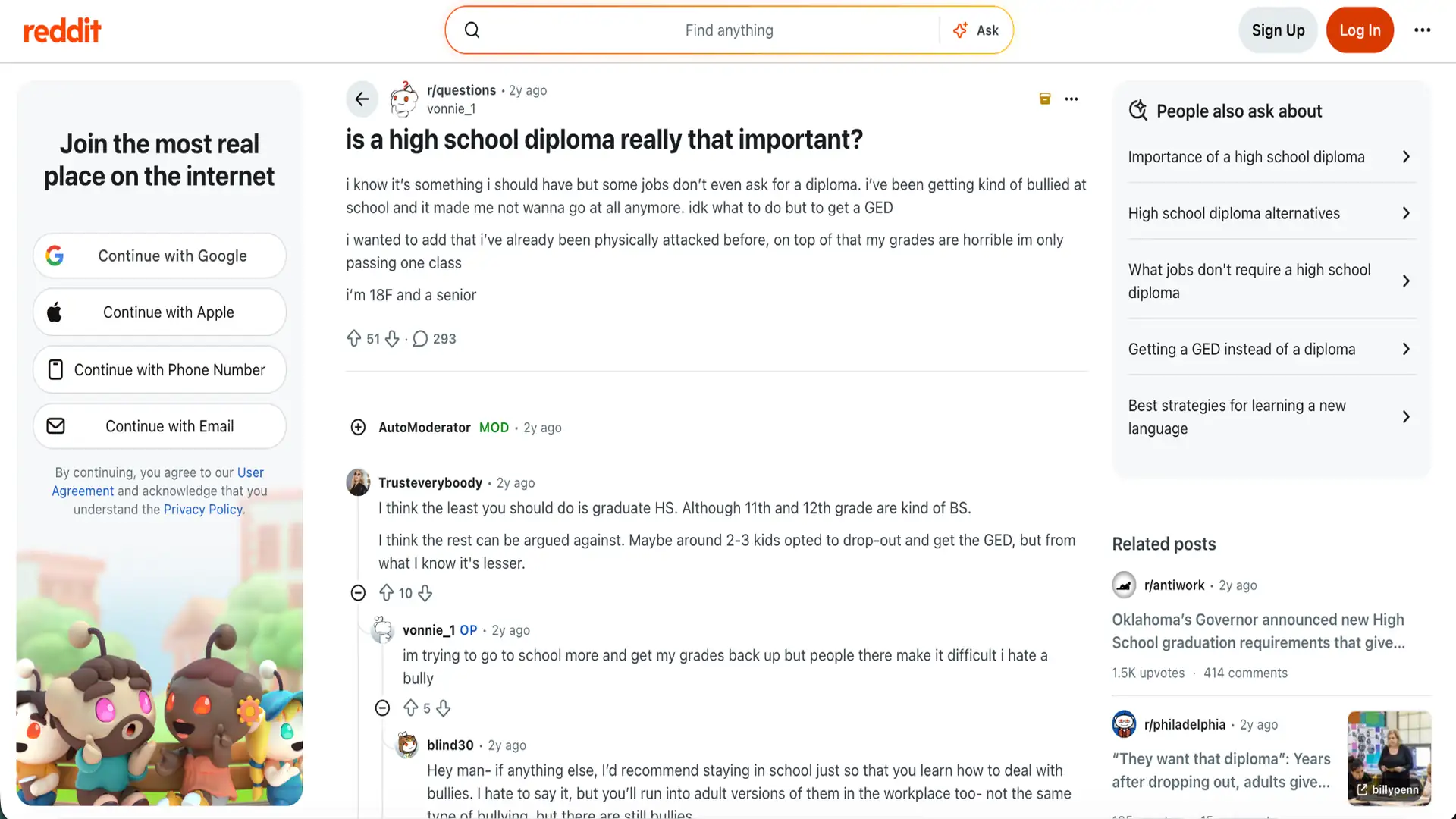 reddit discussion asking whether a high school diploma is important with community replies and advice visible