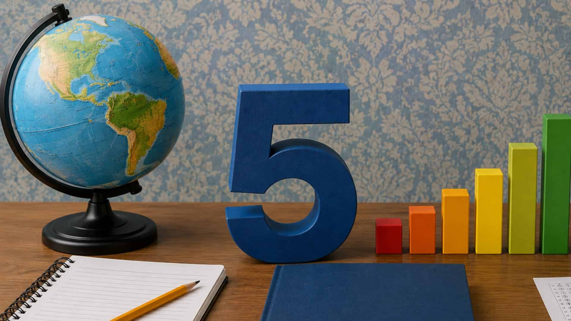 desk scene with a globe, notebook, wooden number 5, and a color-graduated bar chart
