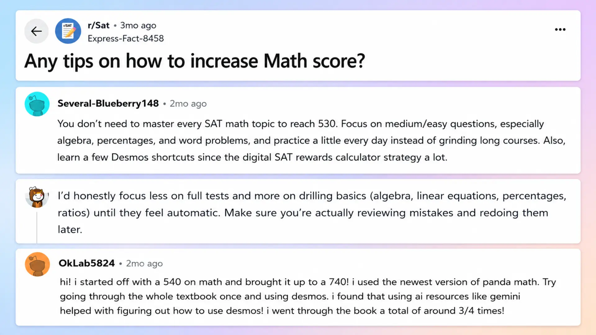 screenshot of reddit thread with student tips on improving sat math score