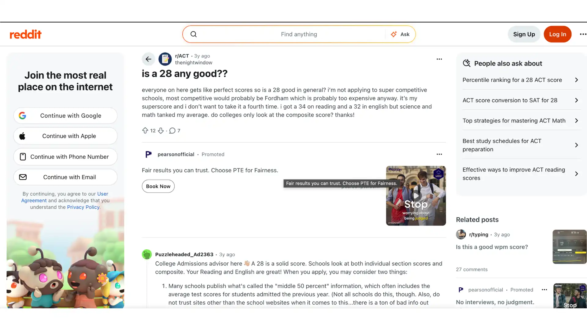 student reading an act score report on reddit discussion while reviewing college admission advice online