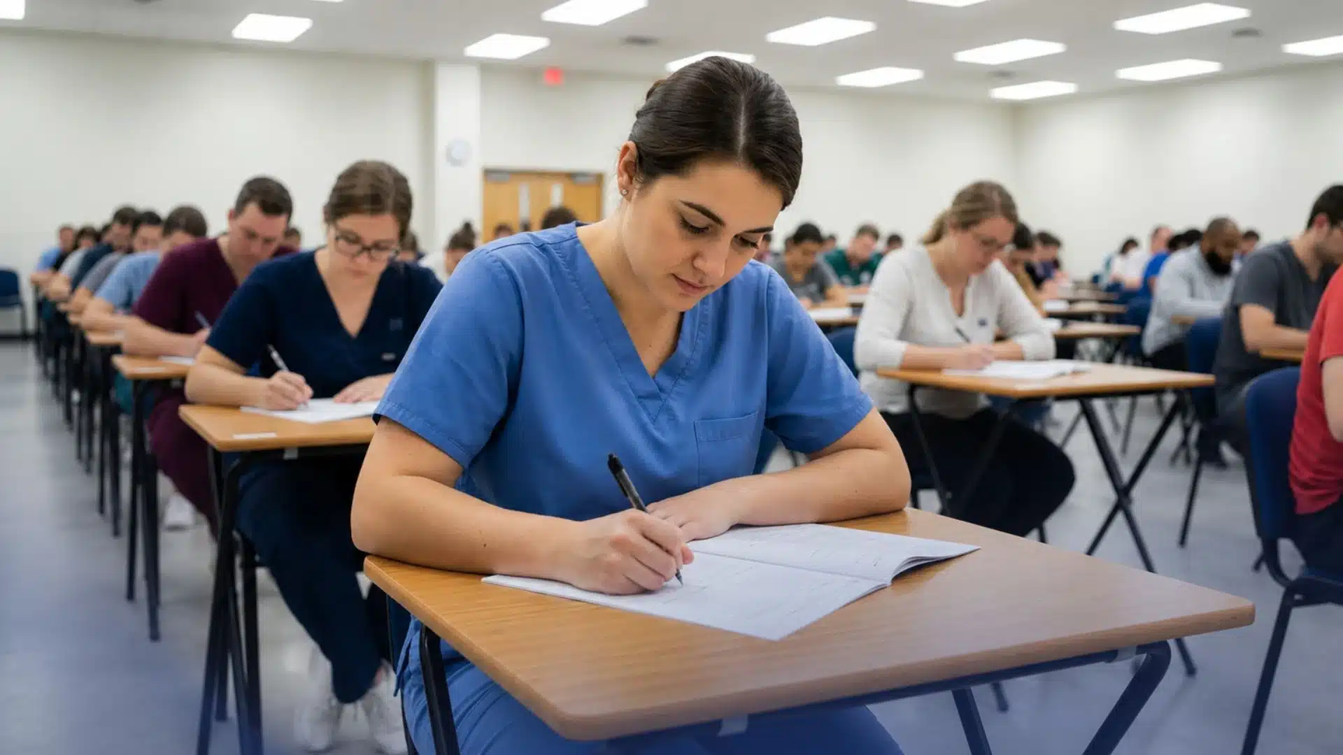 nursing students in scrubs taking a written exam at desks in a large testing hall