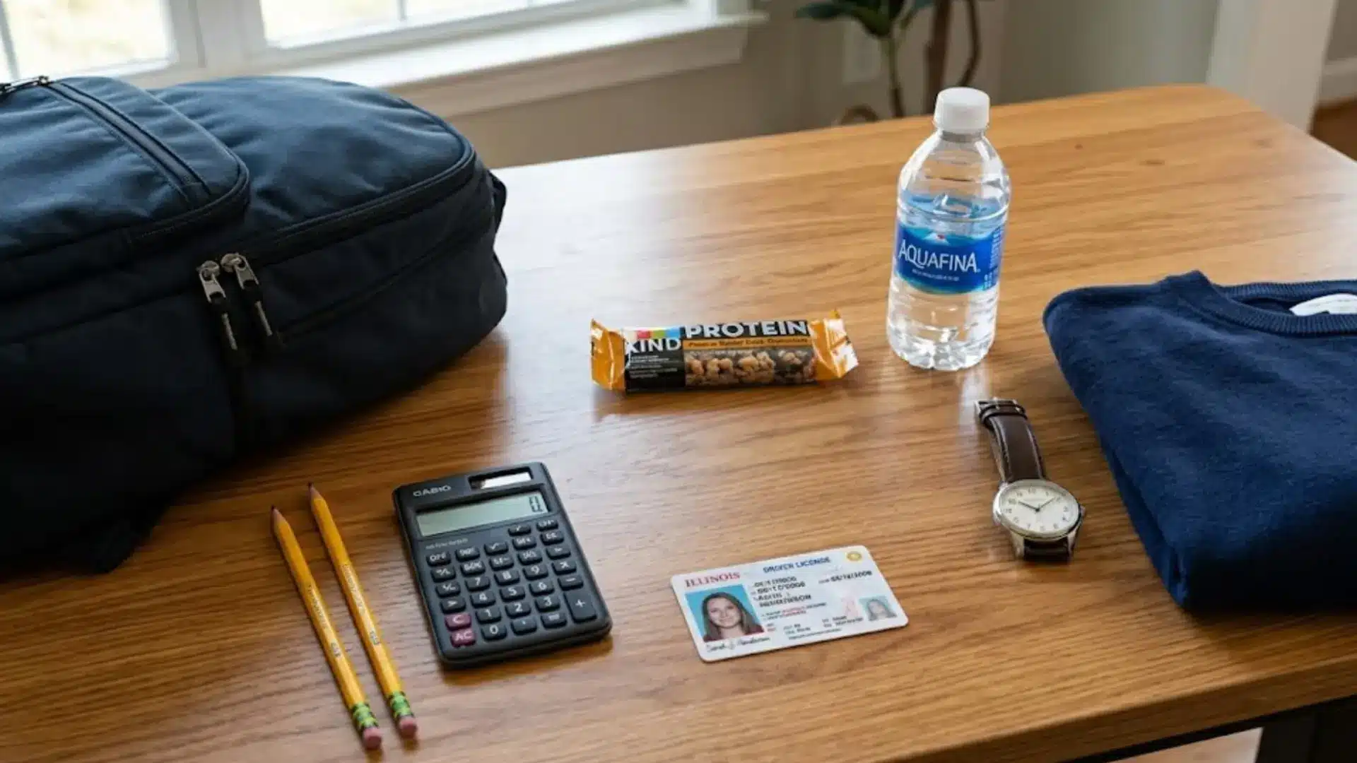 backpack, pencils, calculator, photo id, water bottle, snack, watch, and sweater ready for act test day