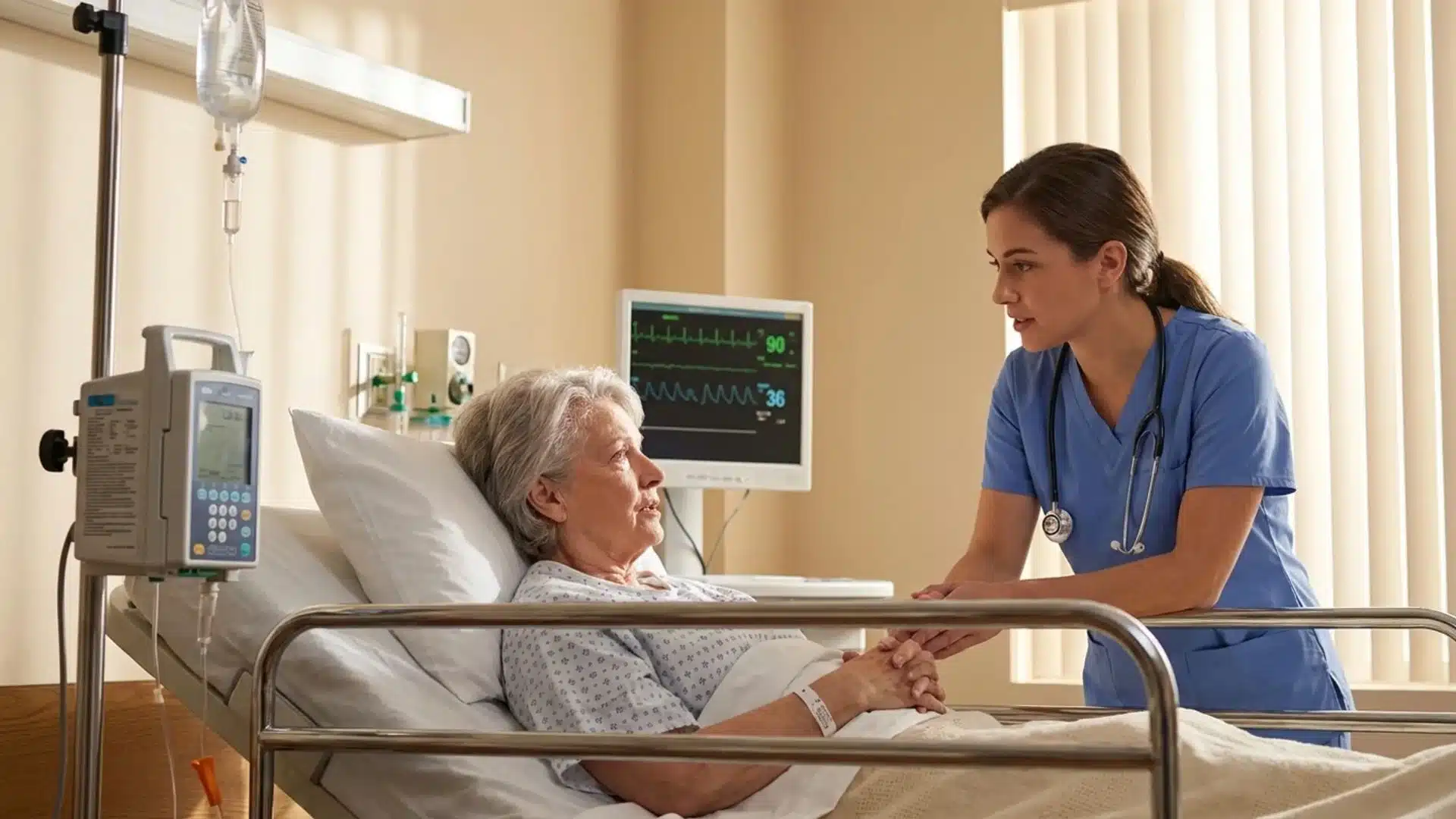 a female nurse in blue scrubs speaking attentively to an elderly female patient lying in a hospital bed