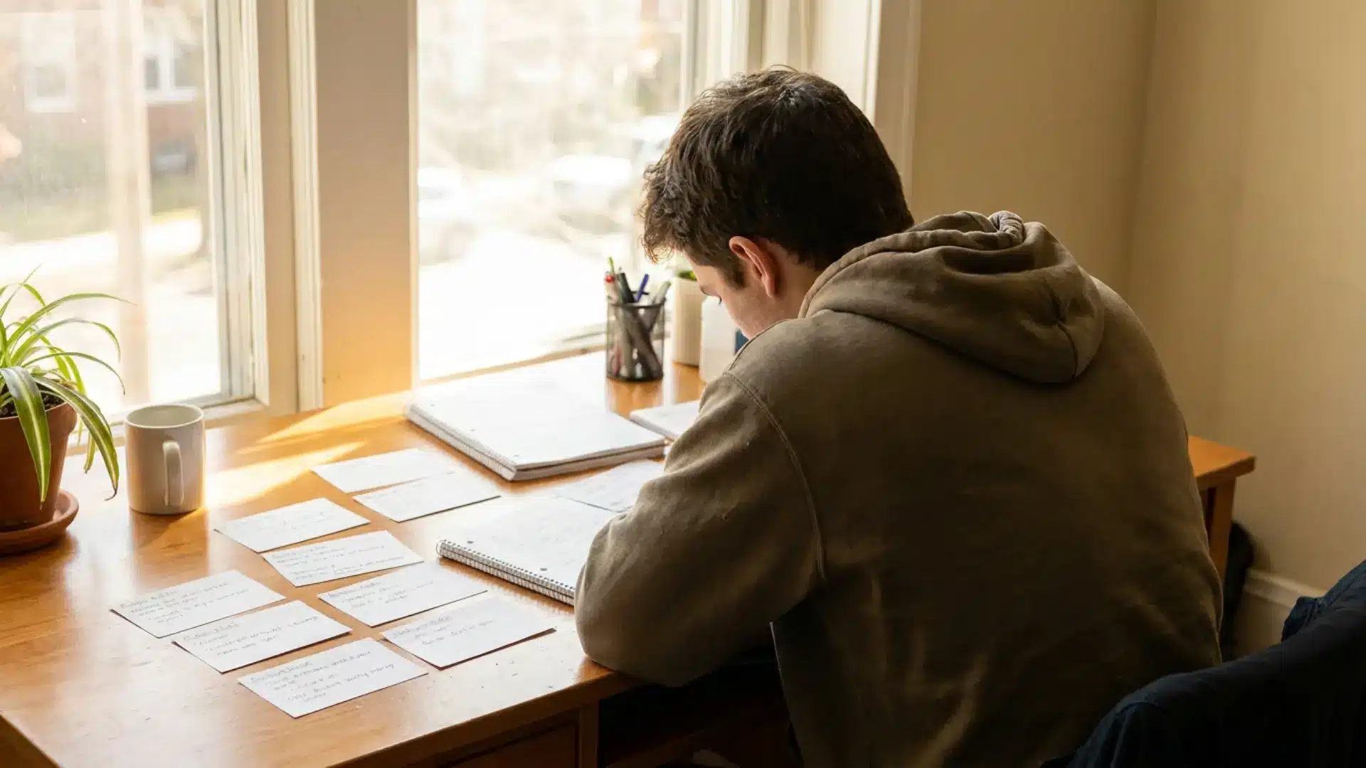 student reviewing notes and flashcards at a desk while studying in natural daylight