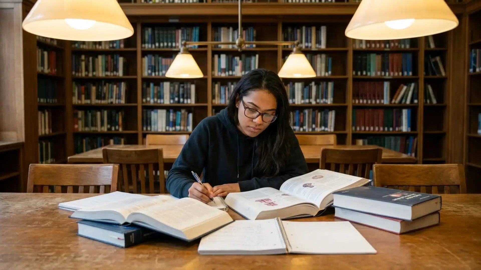 a nursing student studying medical textbooks and taking notes at a wooden table in a library