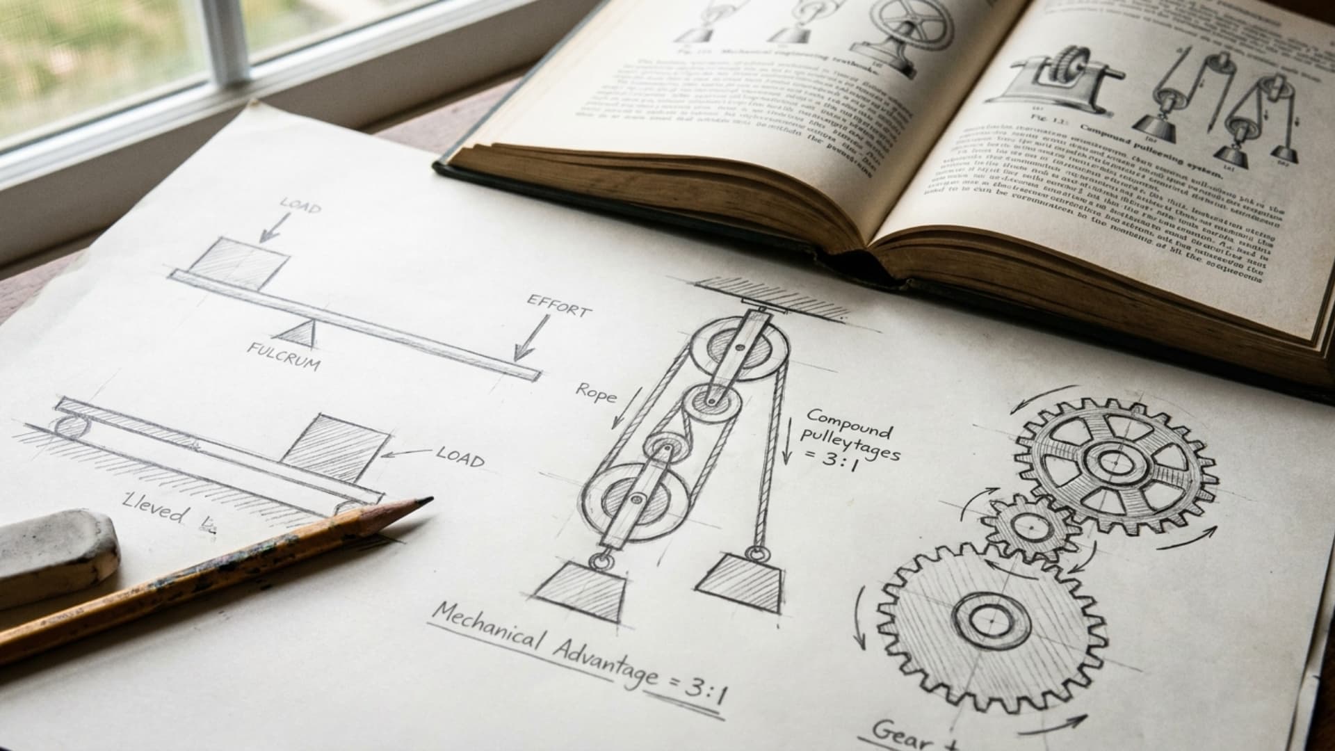 hand-drawn diagrams of levers, pulley systems, and gear arrangements on paper next to mechanical textbook