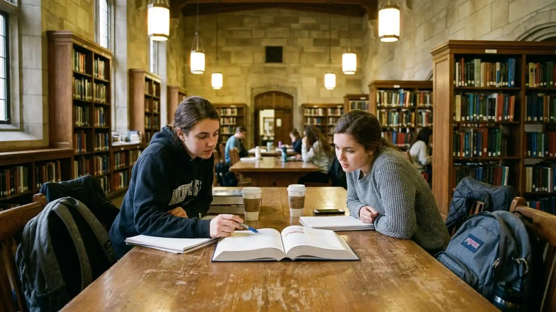 two students studying together over an open textbook at a table in a grand library hall