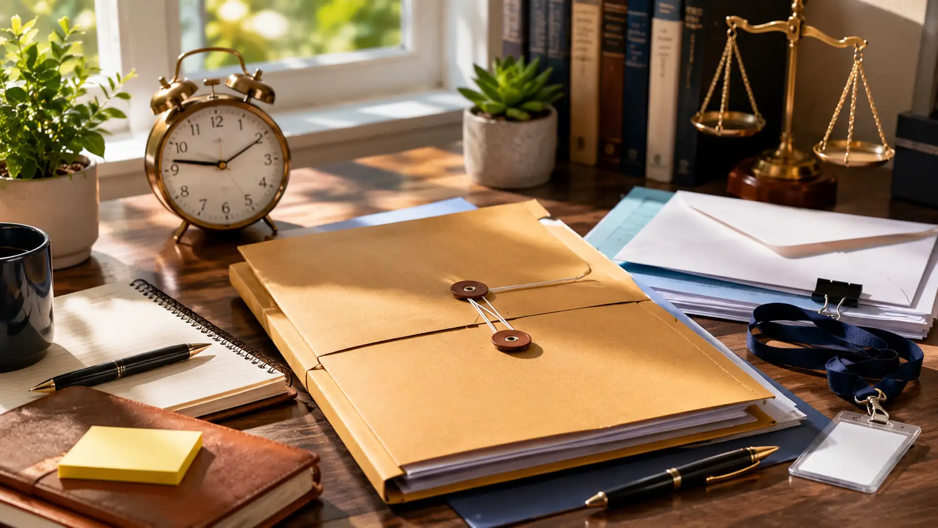 manila envelope tied with string on a desk with an alarm clock, notebooks, scales of justice, and law books