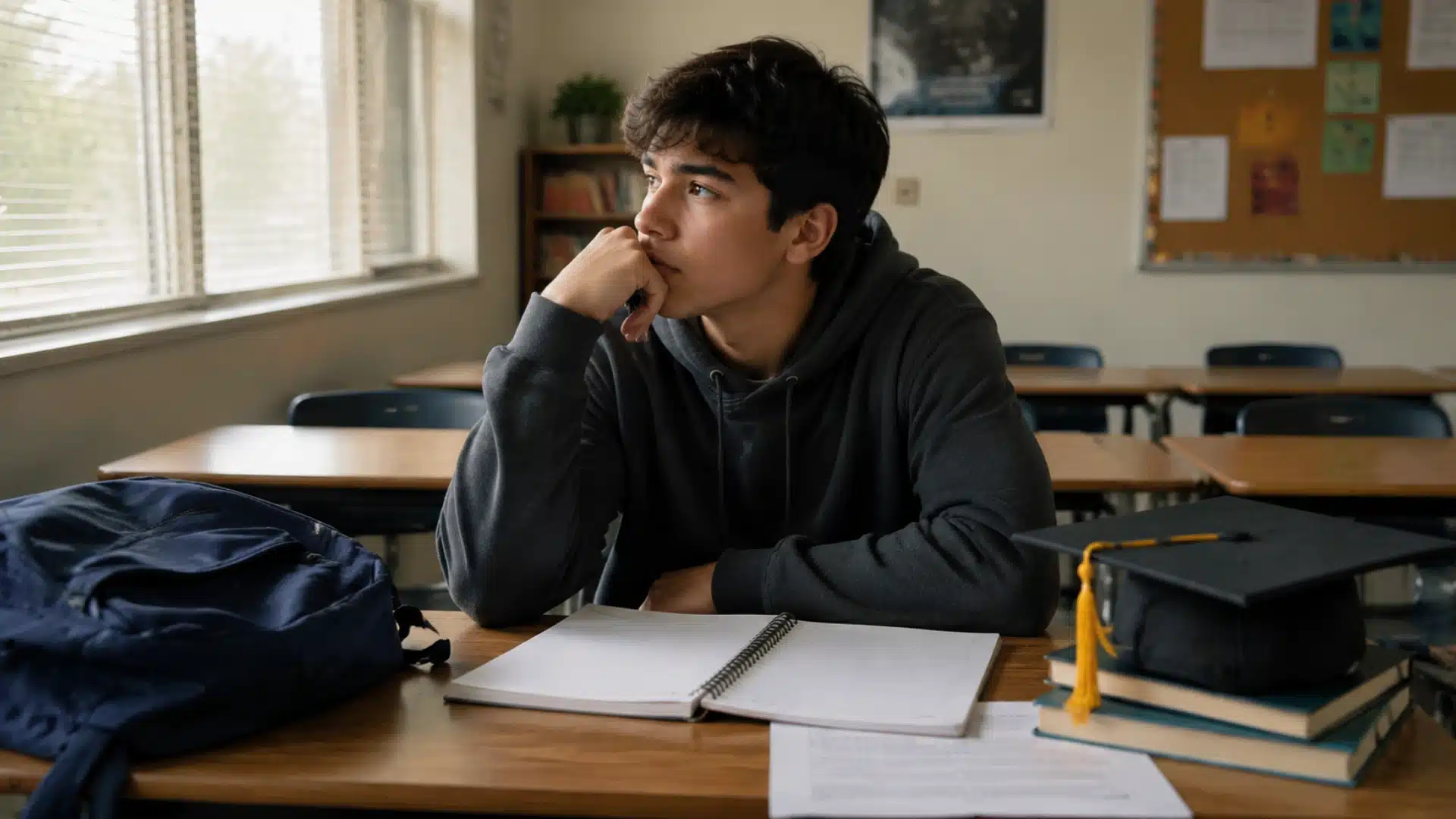 student sitting in classroom with backpack, notebook, and graduation cap while considering school decisions