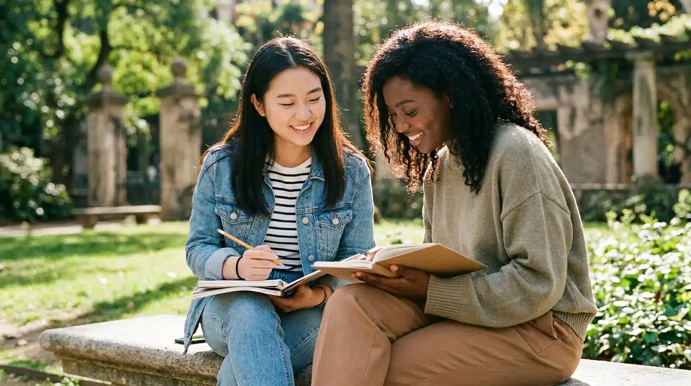 two women sit outdoors on a stone bench, smiling as one writes in a notebook and the other holds an open book