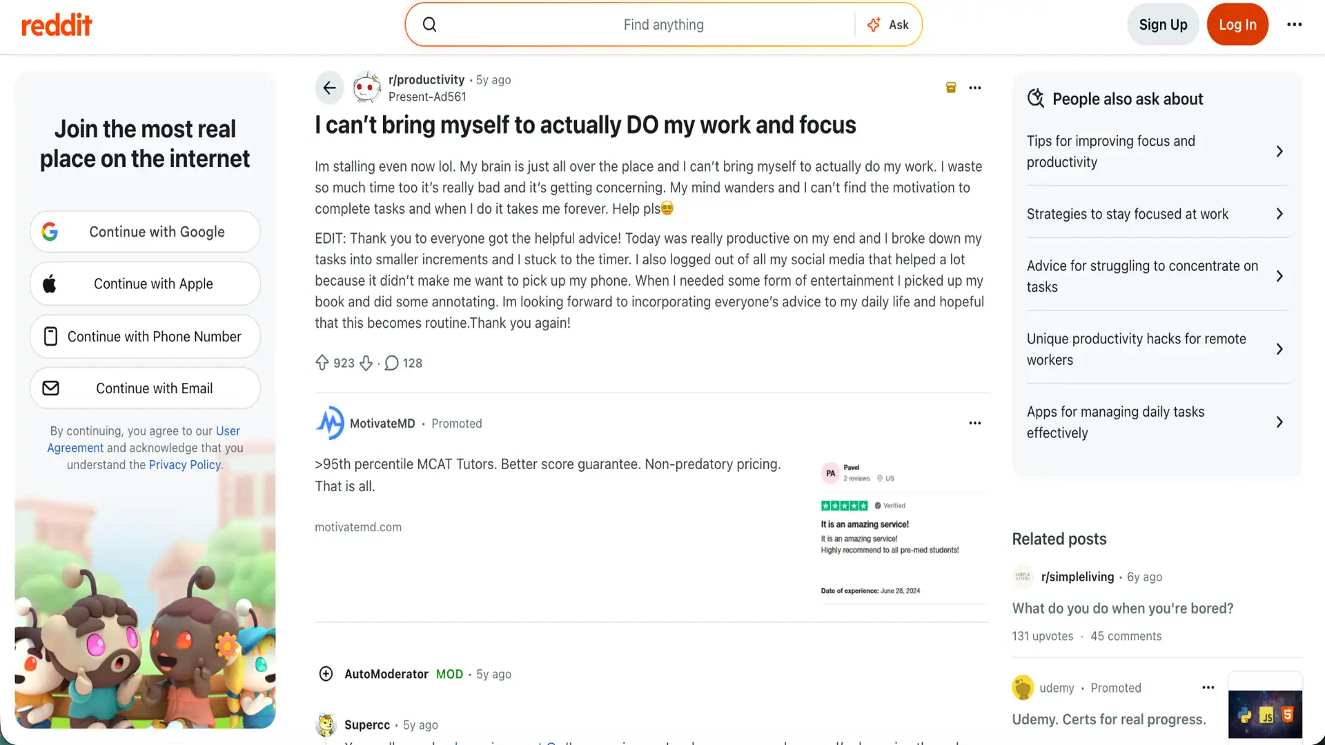 reddit productivity post about difficulty starting work, staying focused, and avoiding distractions