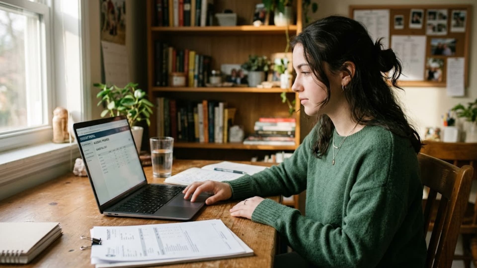 student checking academic grades and class rank on a laptop while reviewing school records