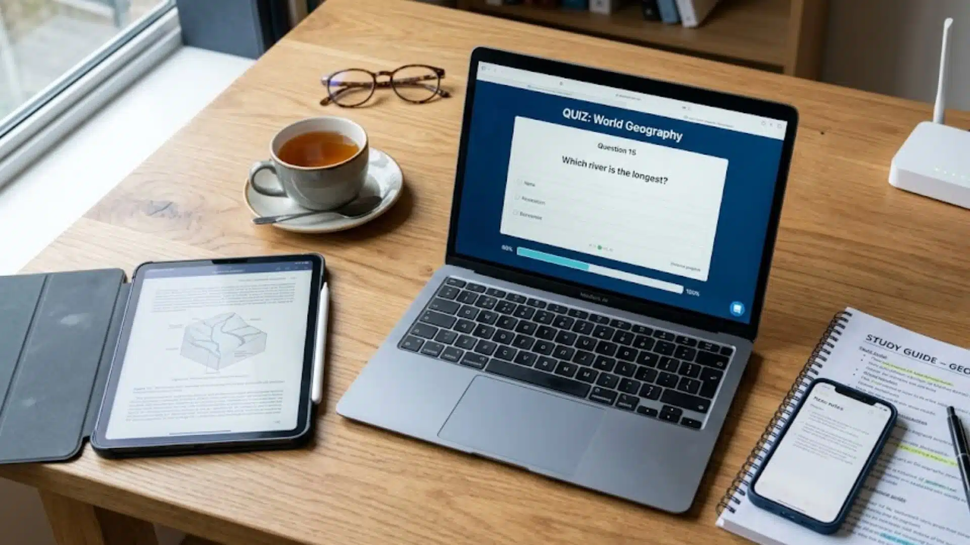laptop showing a quiz question with tablet phone and study guide spread across a desk