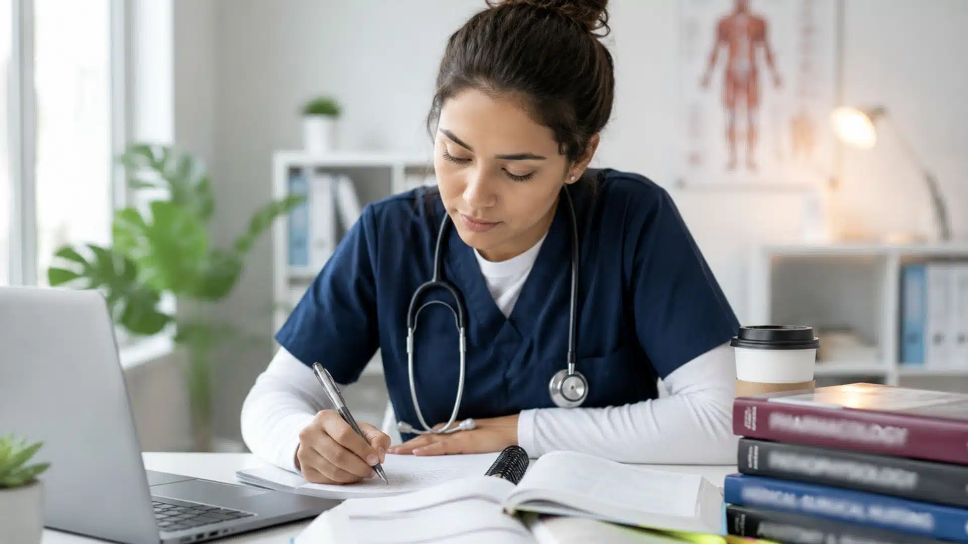 a nursing student in navy scrubs with a stethoscope writing notes at a desk with medical textbooks and a laptop