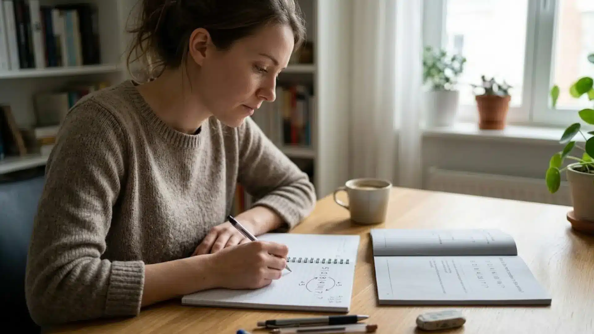 student studying practice questions with notes, workbook, and coffee at a home desk