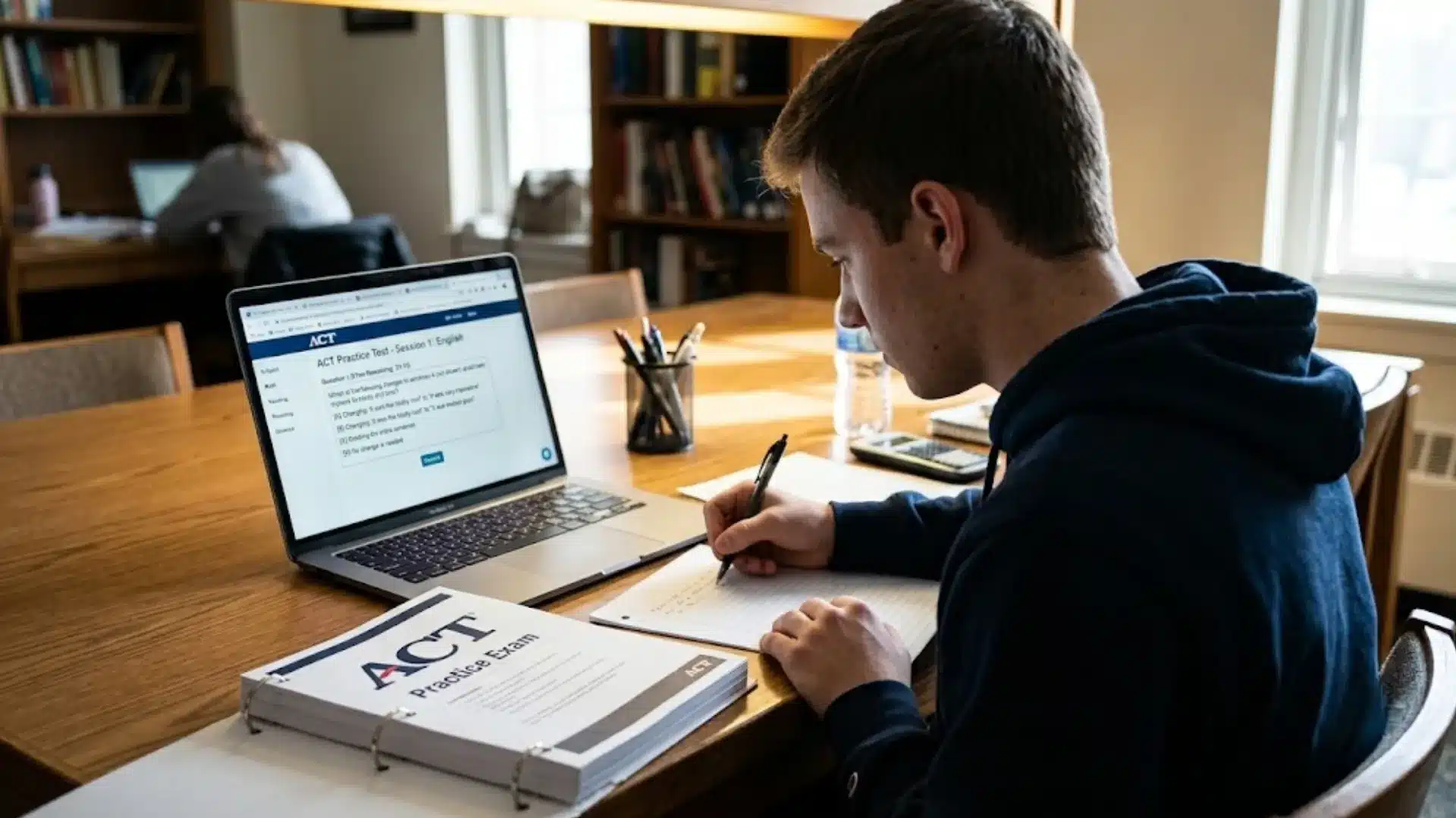 student taking an ACT practice test on laptop with study materials and notes at desk