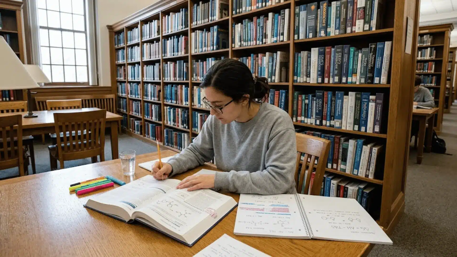 student studying a chemistry textbook and notes at a library table lined with bookshelves
