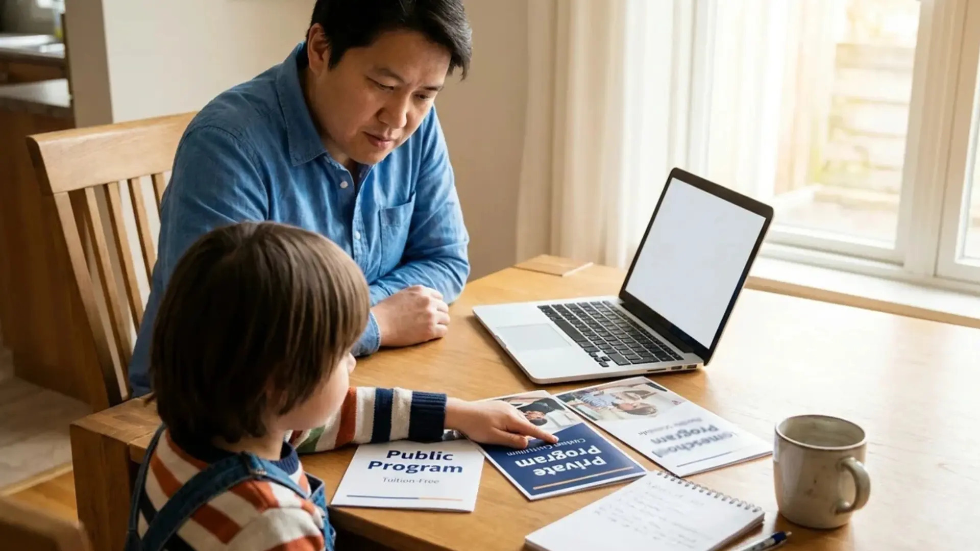 parent and child reviewing k12 enrollment program brochures at table with laptop nearby
