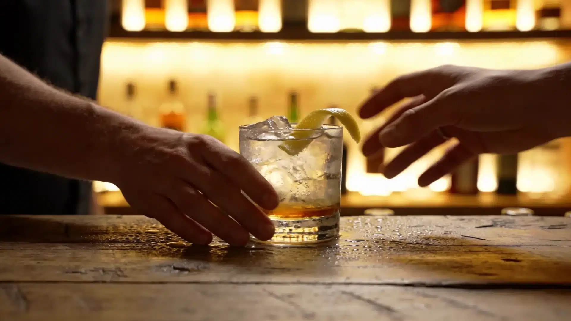 bartender sliding a whiskey cocktail with lime garnish across a wooden bar to a patron's hand