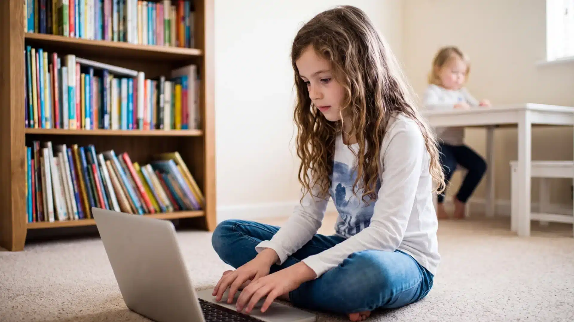 young student using a laptop for an online learning academy program at home with books and study materials nearby
