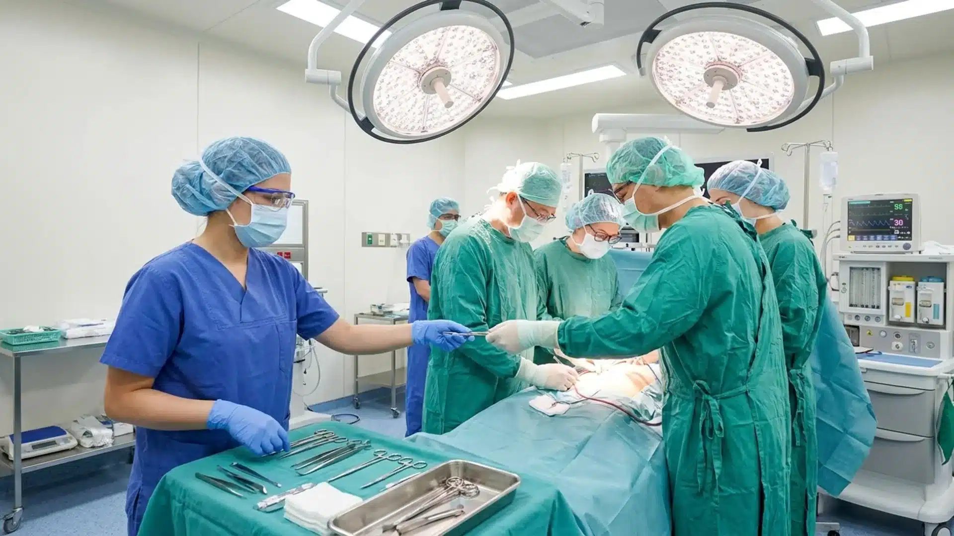 a scrub nurse passing surgical instruments to the operating team during an active surgical procedure