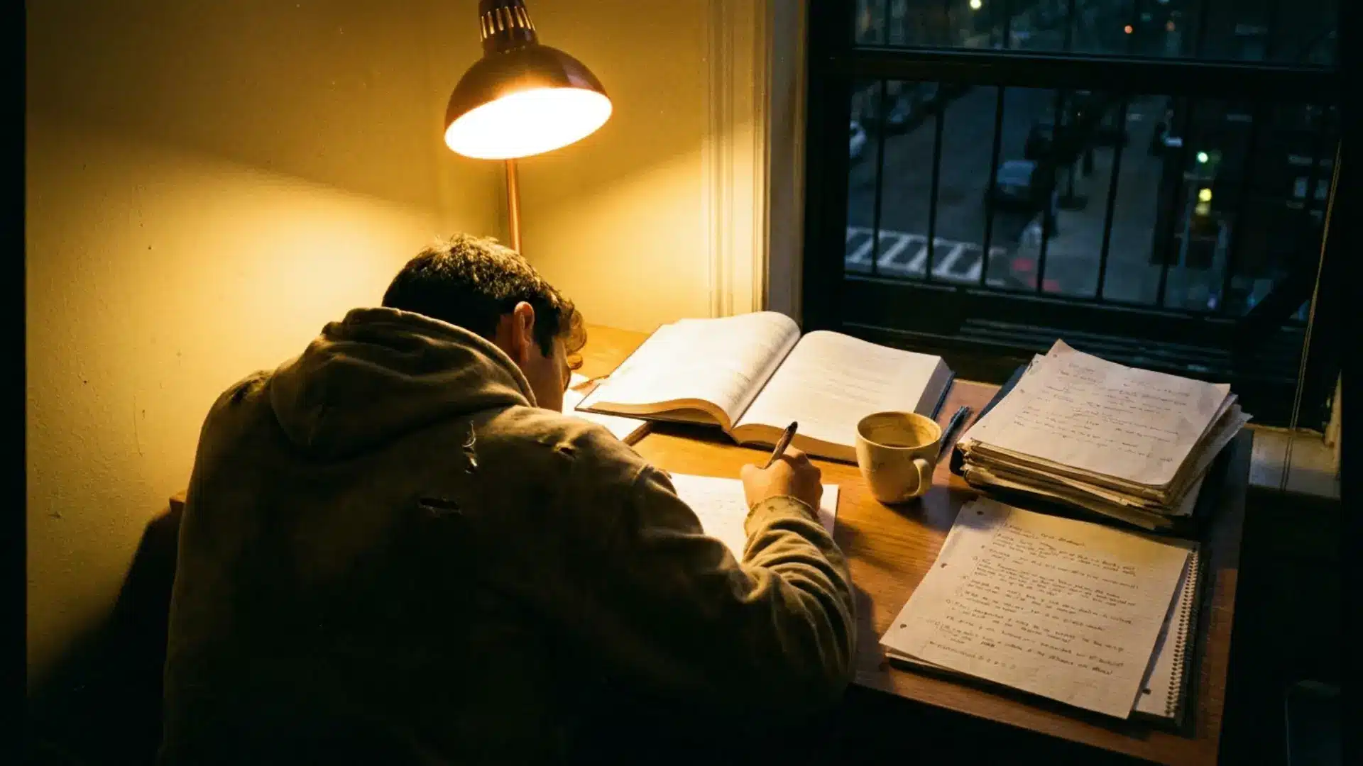 student studying late at a desk with open textbooks, handwritten notes, coffee, and a warm desk lamp