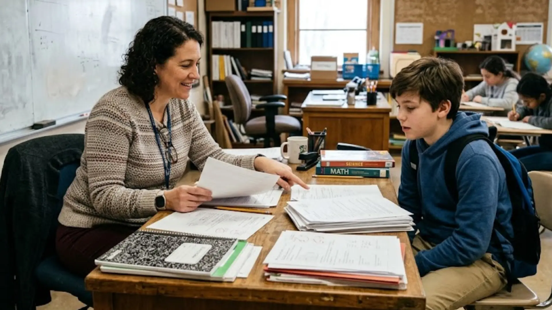 teacher reviewing schoolwork with a middle school student during a one-on-one classroom meeting
