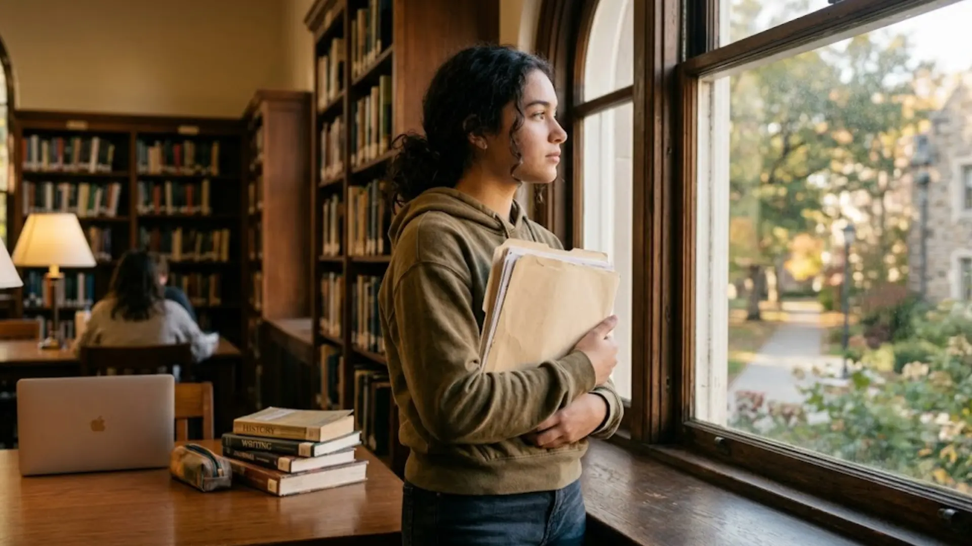 student holding folders by a library window with books, laptop, and study tables in the background