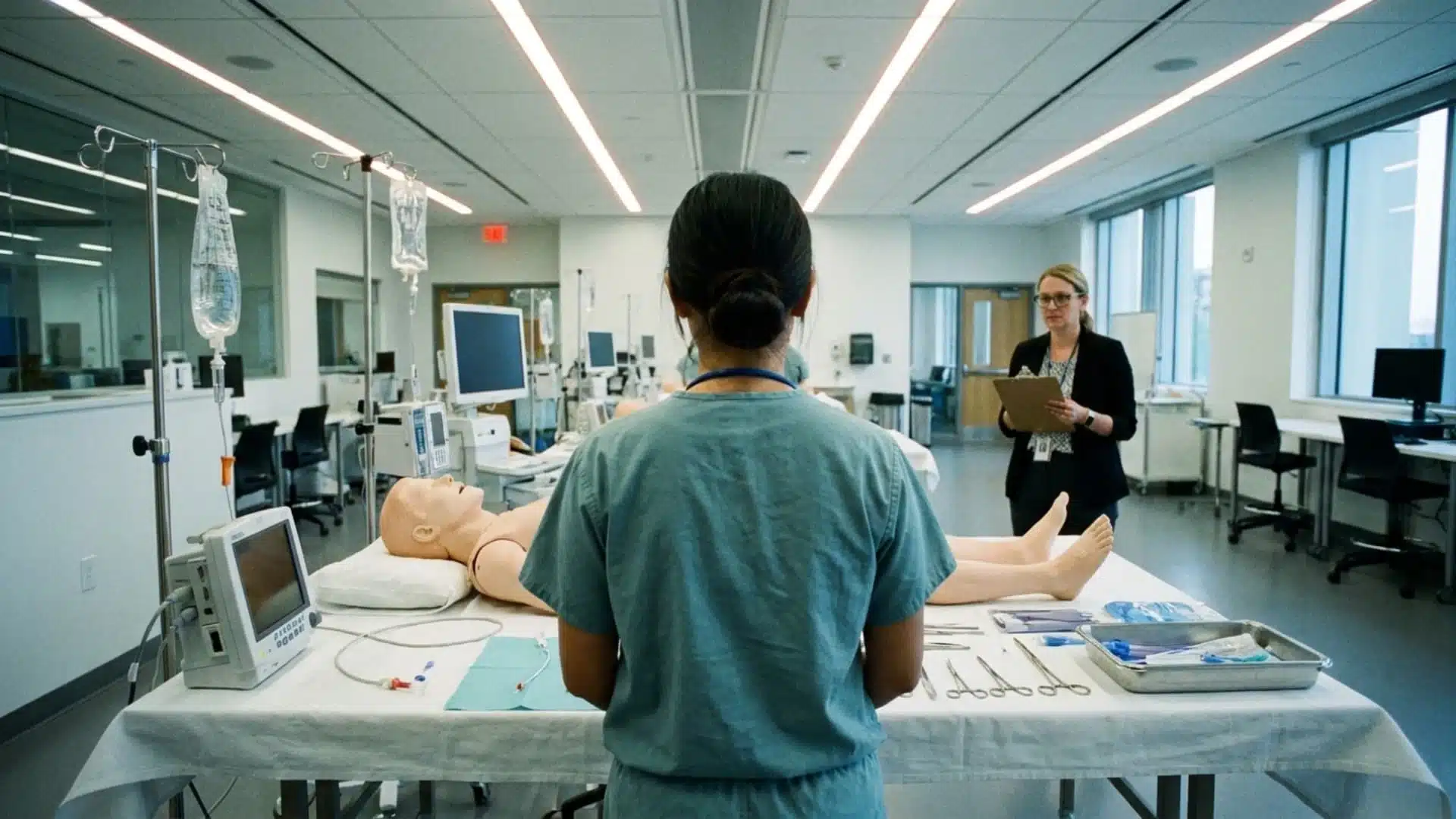 a healthcare worker stands beside a mannequin patient while another woman holds a clipboard in a clinical training room