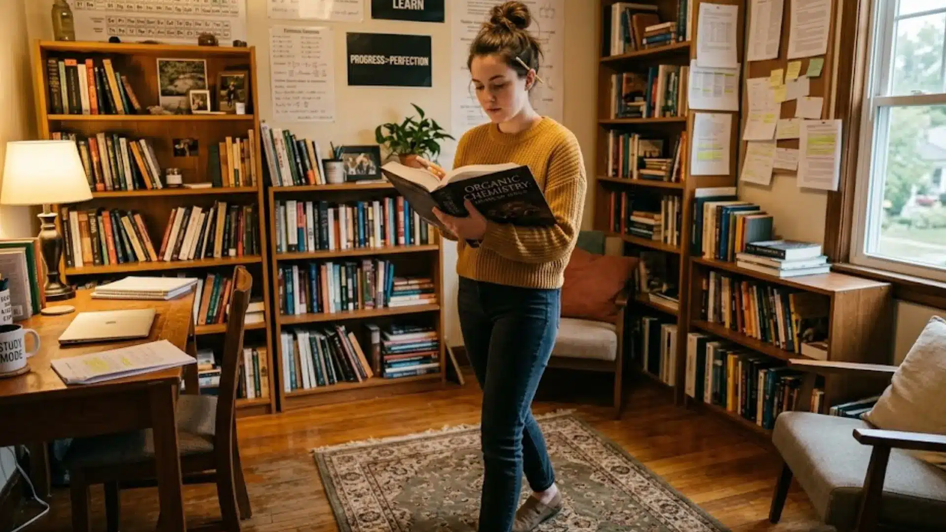 student studying from a book in a home library with notes and learning materials nearby for exam preparation