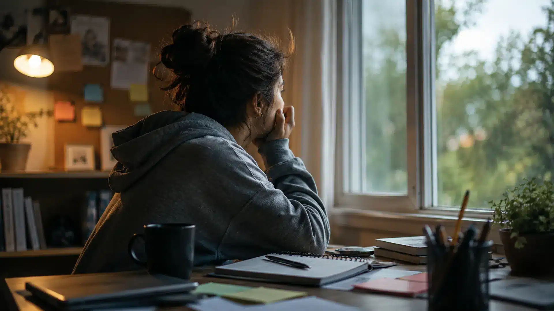 woman sitting at a desk and staring out the window while struggling to focus on study
