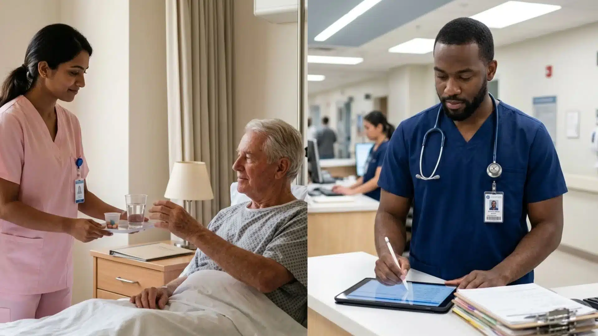 a female nurse administering medication to a patient in bed while a male rn in navy scrubs documents notes on a tablet