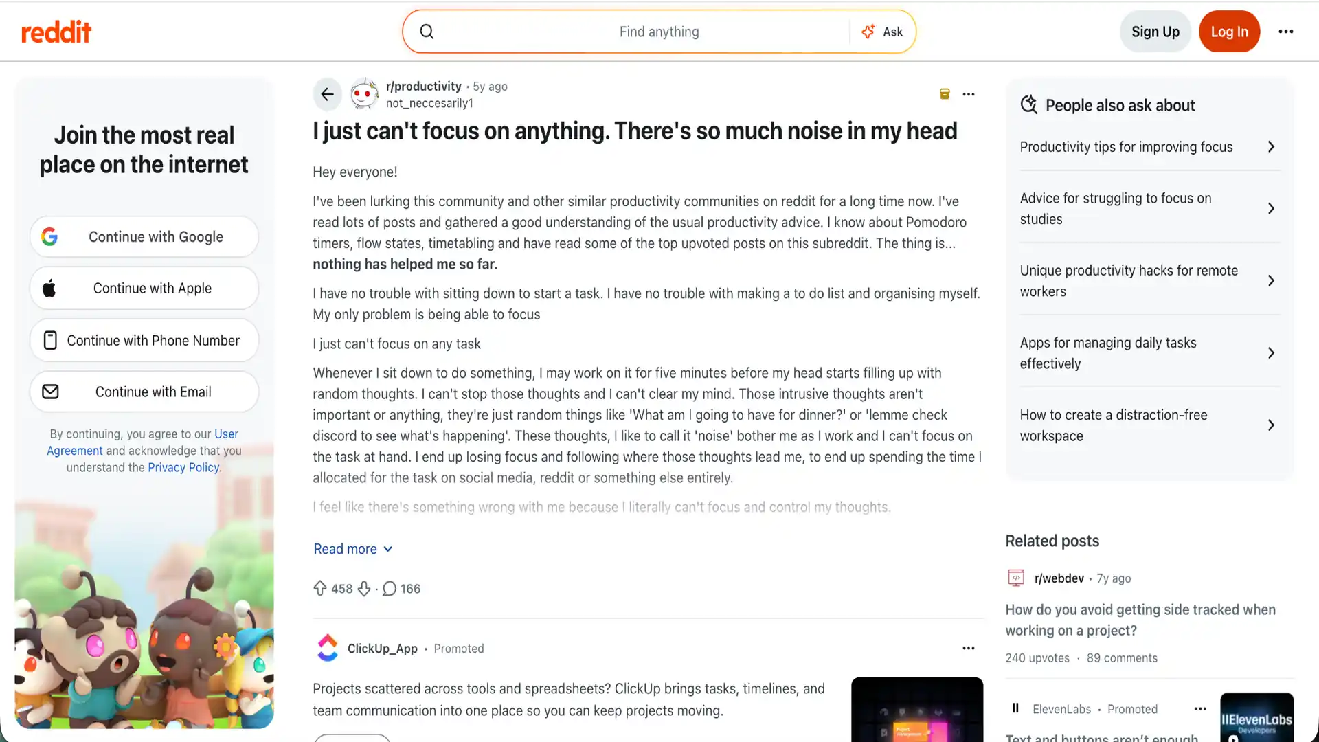 reddit productivity post about struggling to focus, intrusive thoughts, distractions, and noise