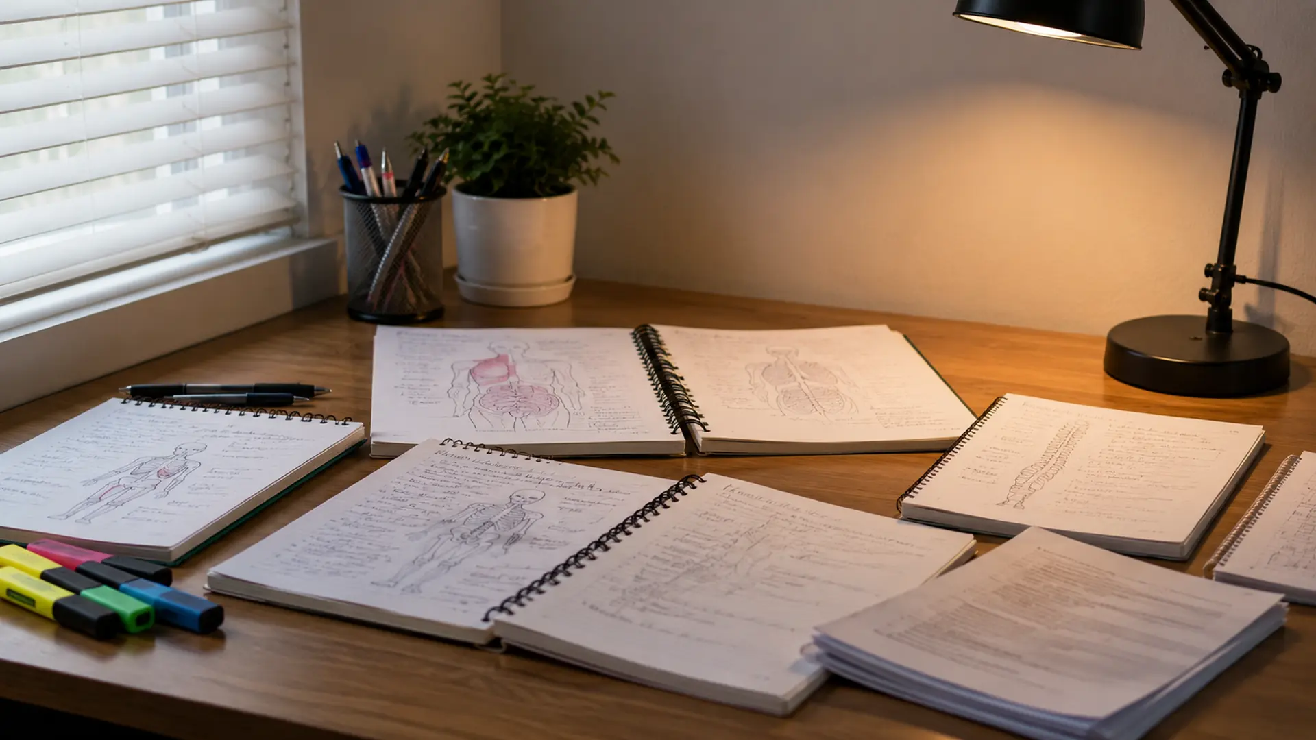 organized study desk with medical notebooks, anatomy sketches, and study supplies in warm natural light